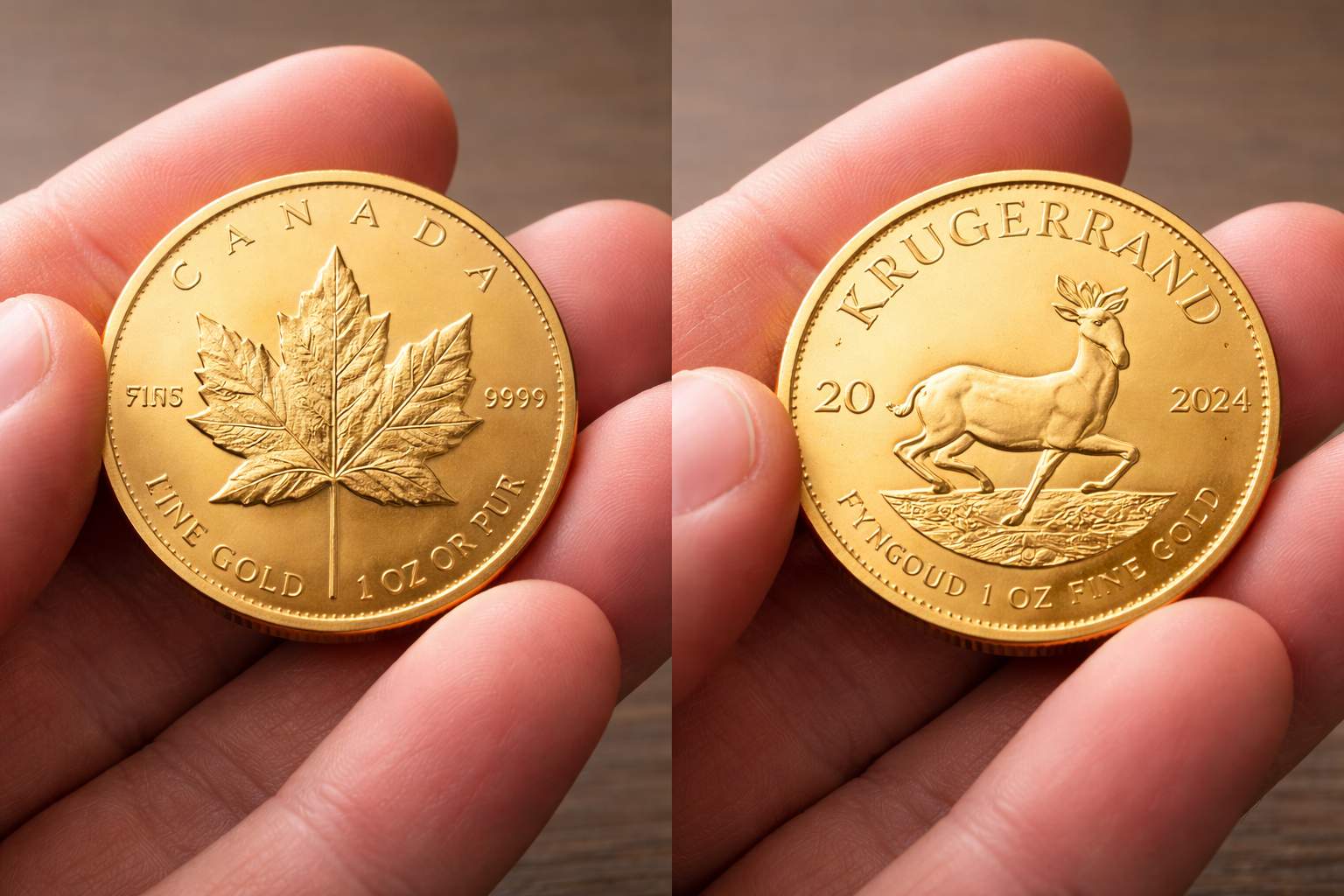One ounce gold coin Maple Leaf or Krugerrand